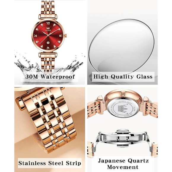 Women Rose Gold Stainless Steel Band Red Dial Quartz Small Face Waterproof Watch main image 6